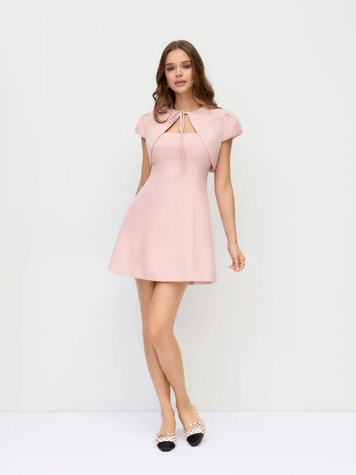 Puff Sleeve Bowknot Shrug & Mid Rise A-line Mini Dress Set