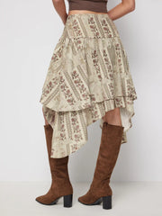Floral Ruffled Asymmetrical Hem Flared Midi Skirt