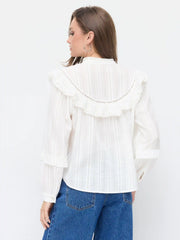 Cotton-blend Stand Collar Puff Sleeve Ruffle Oversized Blouse
