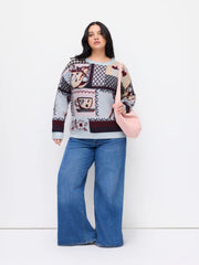 Knit Floral Spoon & Cup Pattern Colorblock Top Curve & Plus