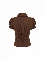 Cotton-blend Collar Puff Sleeve Ruched Blouse