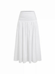 Cotton Mid Rise Ruched Drawstring Flared Maxi Skirt