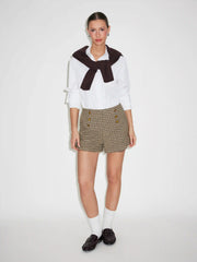 Wool-Look Mid Rise Houndstooth Metal Detail Shorts