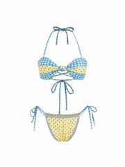 Gingham & Polka Dot High Stretch Halter Tie Side Lace Up Bandeau Bikini Set