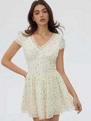 Cotton-blend Textured Floral V-neck A-line Mini Dress