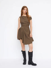 Asymmetrical Neck Check Ruched Pleated Tie Back Mini Dress