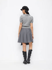 Knit Collar Puff Short Sleeve Bowknot Cinched Waist Top