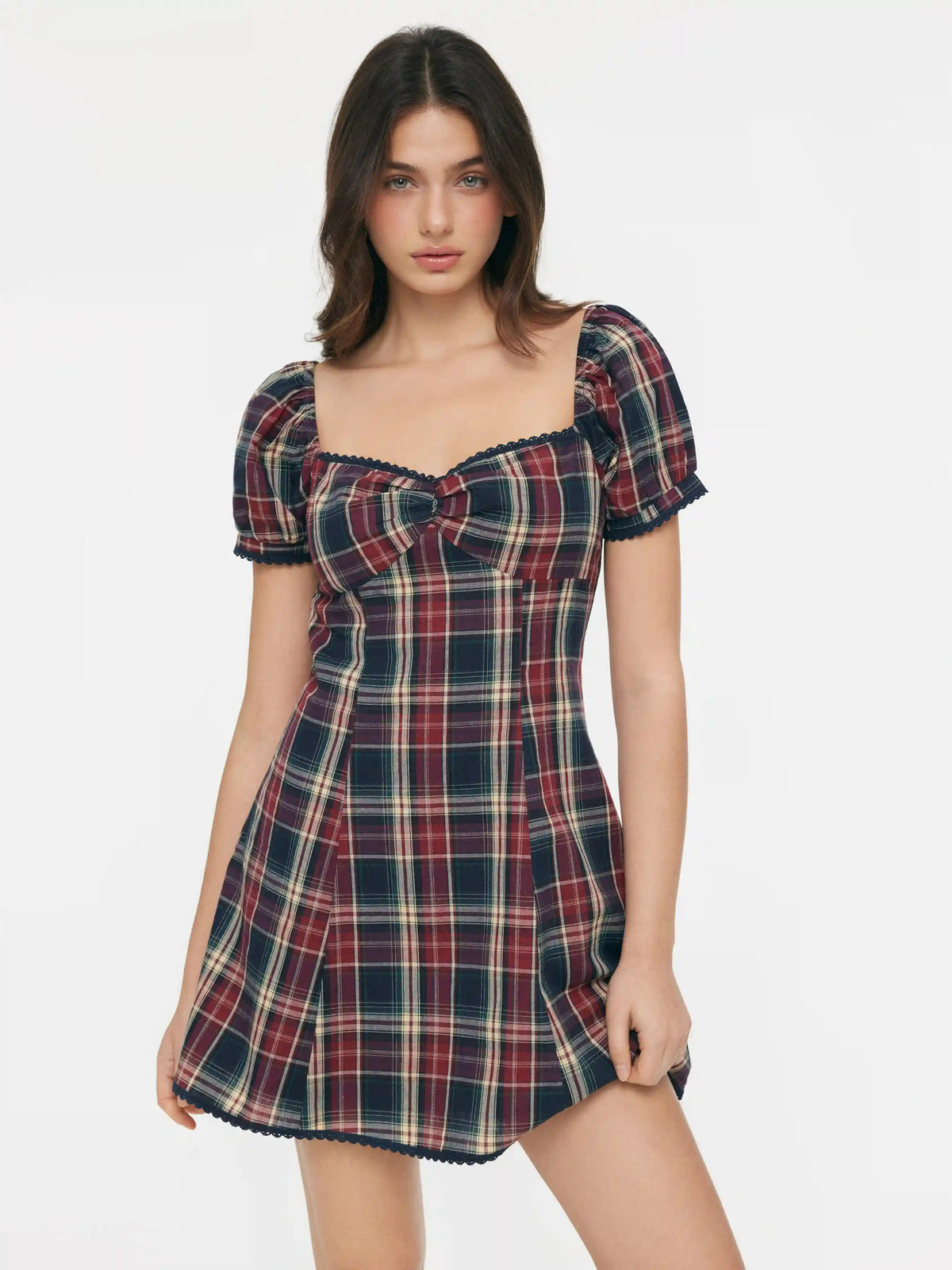Cotton Sweetheart Neck Puff Sleeve Plaid A-line Mini Dress