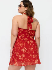 Chiffon Floral Halter Neckline A-line Midi Dress Curve & Plus