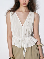 100% Cotton V-neck Drawstring Peplum Blouse