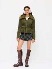 Corduroy Faux Fur Trim Collar Jacket With Belt