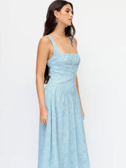 Cotton Broderie Anglaise Sculptural Square Neck Cut Out Flared Maxi Dress