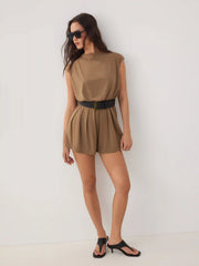 High Stretch Round Neckline Mid Rise Oversized Romper with Belt