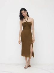 Halter Neckline Jacquard Beaded Split Maxi Dress
