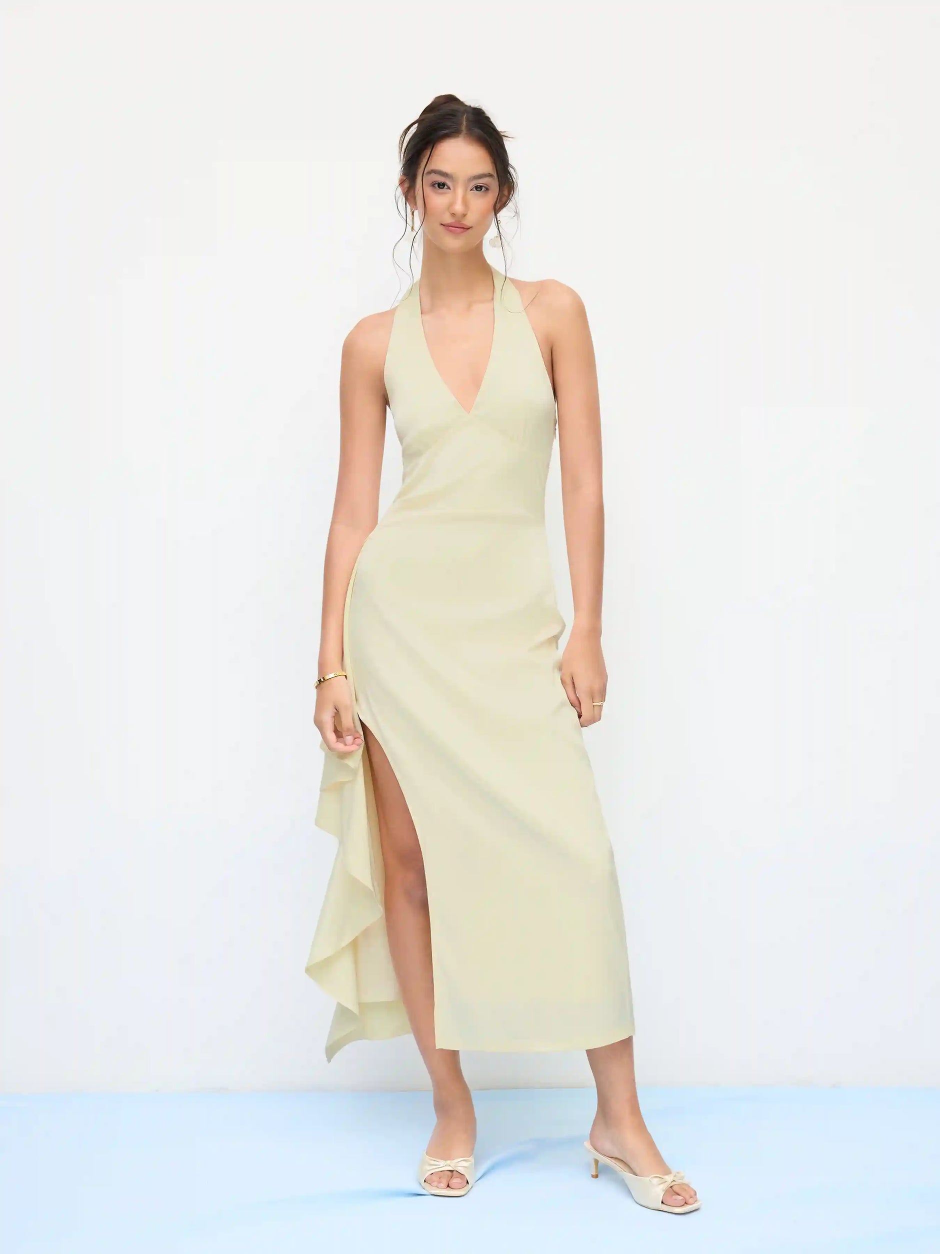 Satin Halter V-neck Split Draped Maxi Dress