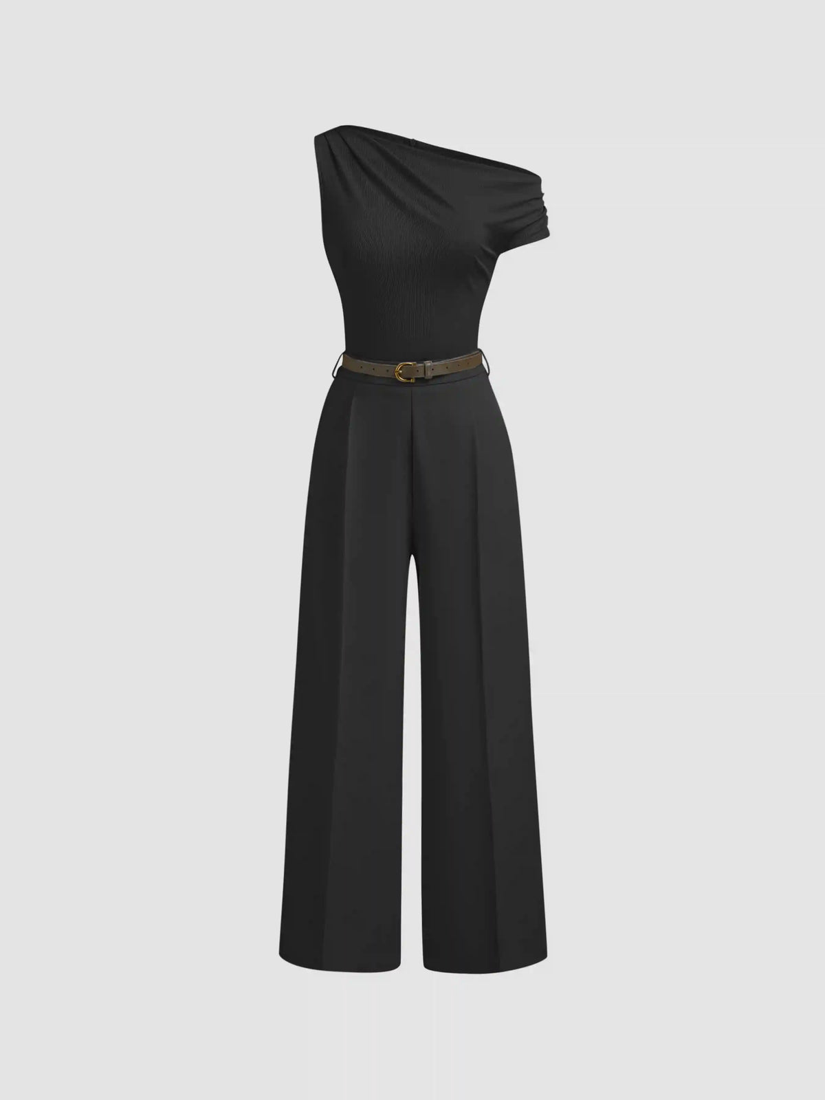 Asymmetrical Neck Ruched Jumpsuit With Belt