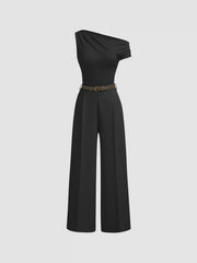 Asymmetrical Neck Ruched Jumpsuit With Belt