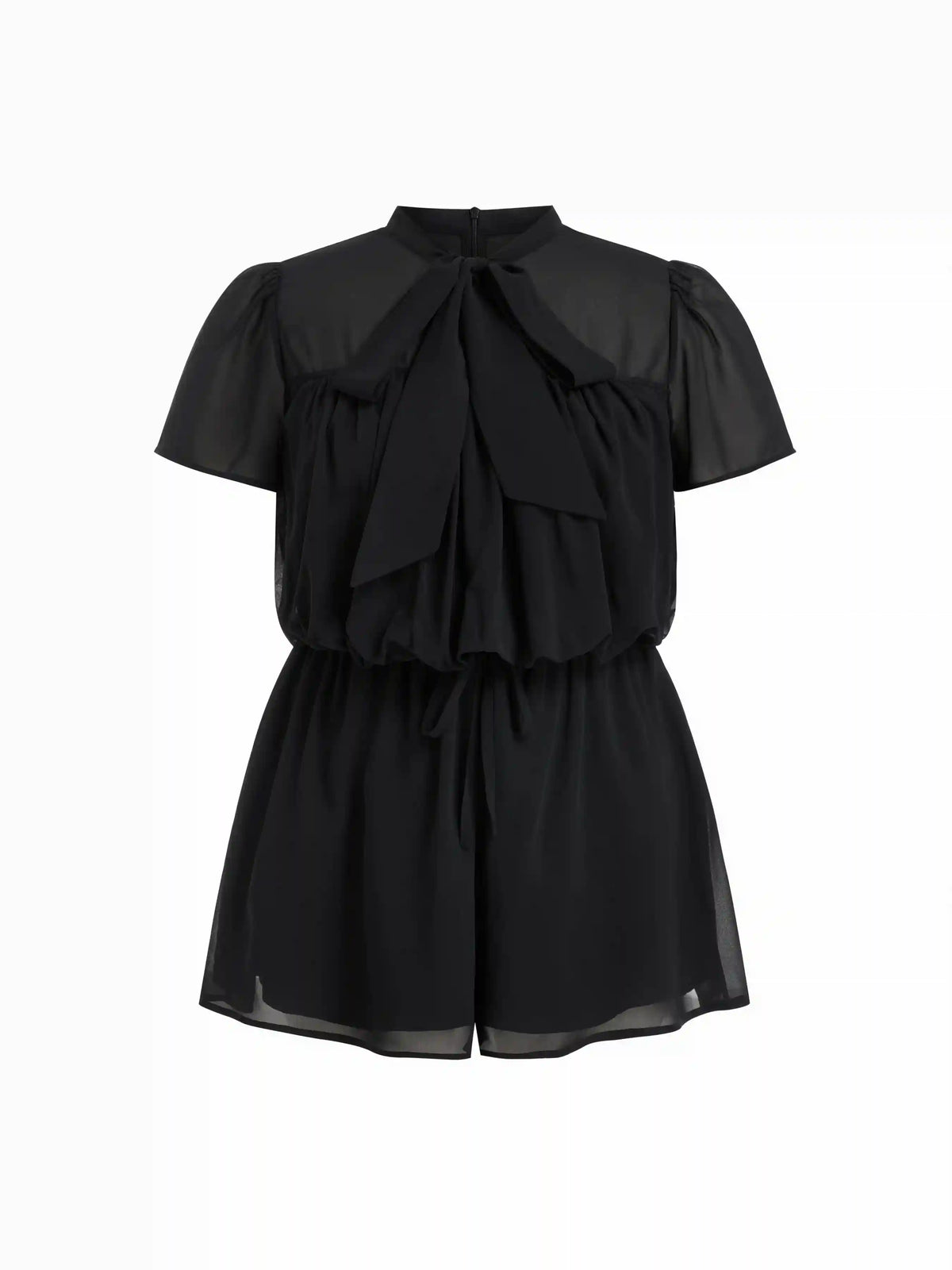Chiffon Stand Collar Puff Sleeve Bowknot Drawstring Ruffle Romper Curve & Plus