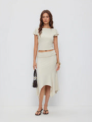 Ruffled Sleeve Backless Crop Top & Low Rise Asymmetrical Hem Skirt Set