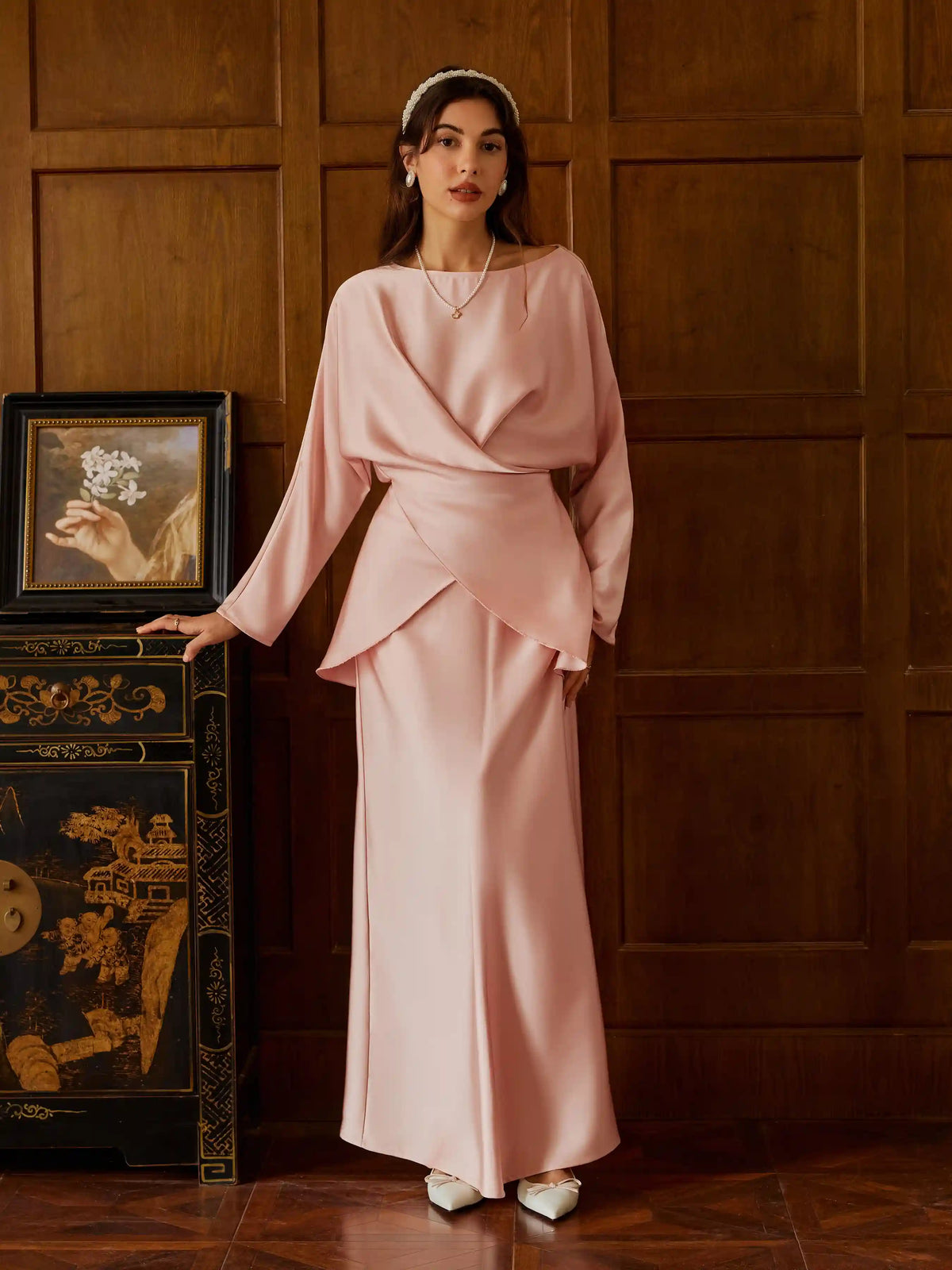 Satin Boat Neck Asymmetrical Hem Top & Maxi Skirt Set