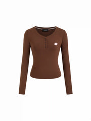 Round Neckline Hedgehog Pattern Button Long Sleeve Top