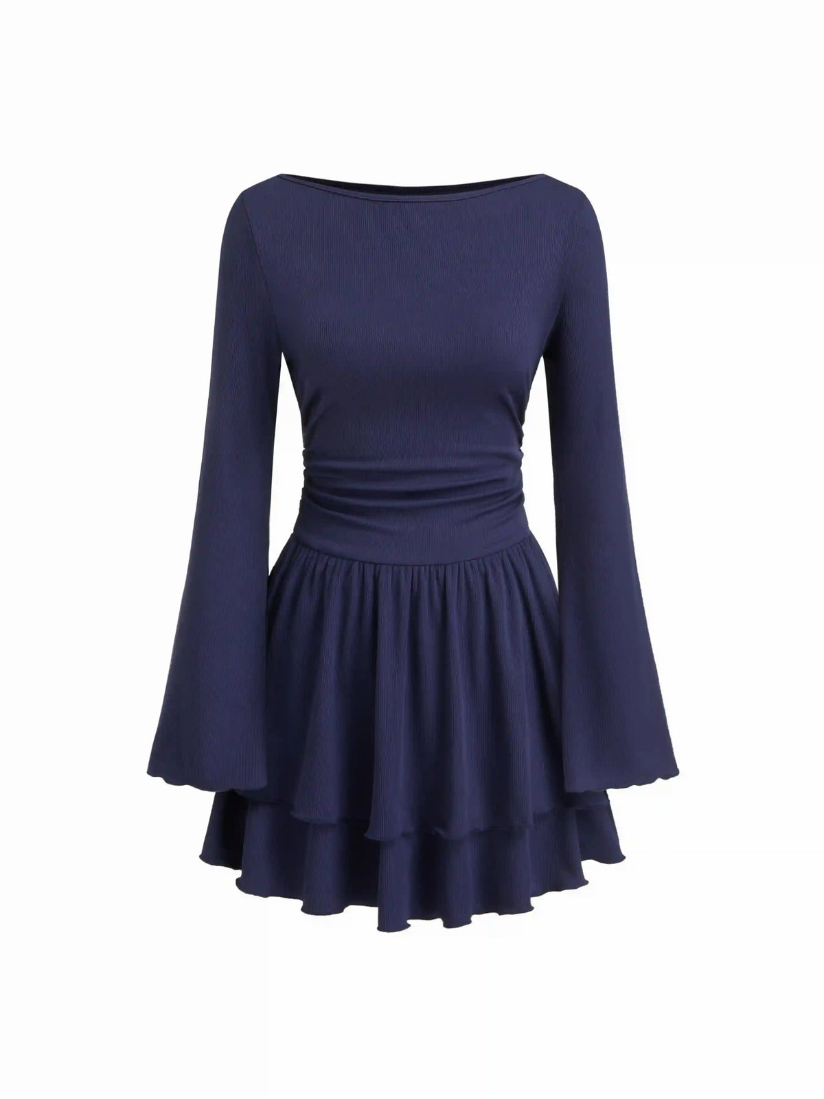 Boat Neck Bell Sleeve Ruched Lettuce Trim Ruffle Layered Mini Dress