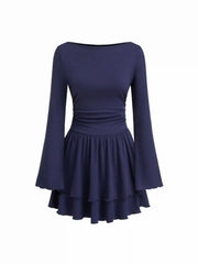 Boat Neck Bell Sleeve Ruched Lettuce Trim Ruffle Layered Mini Dress