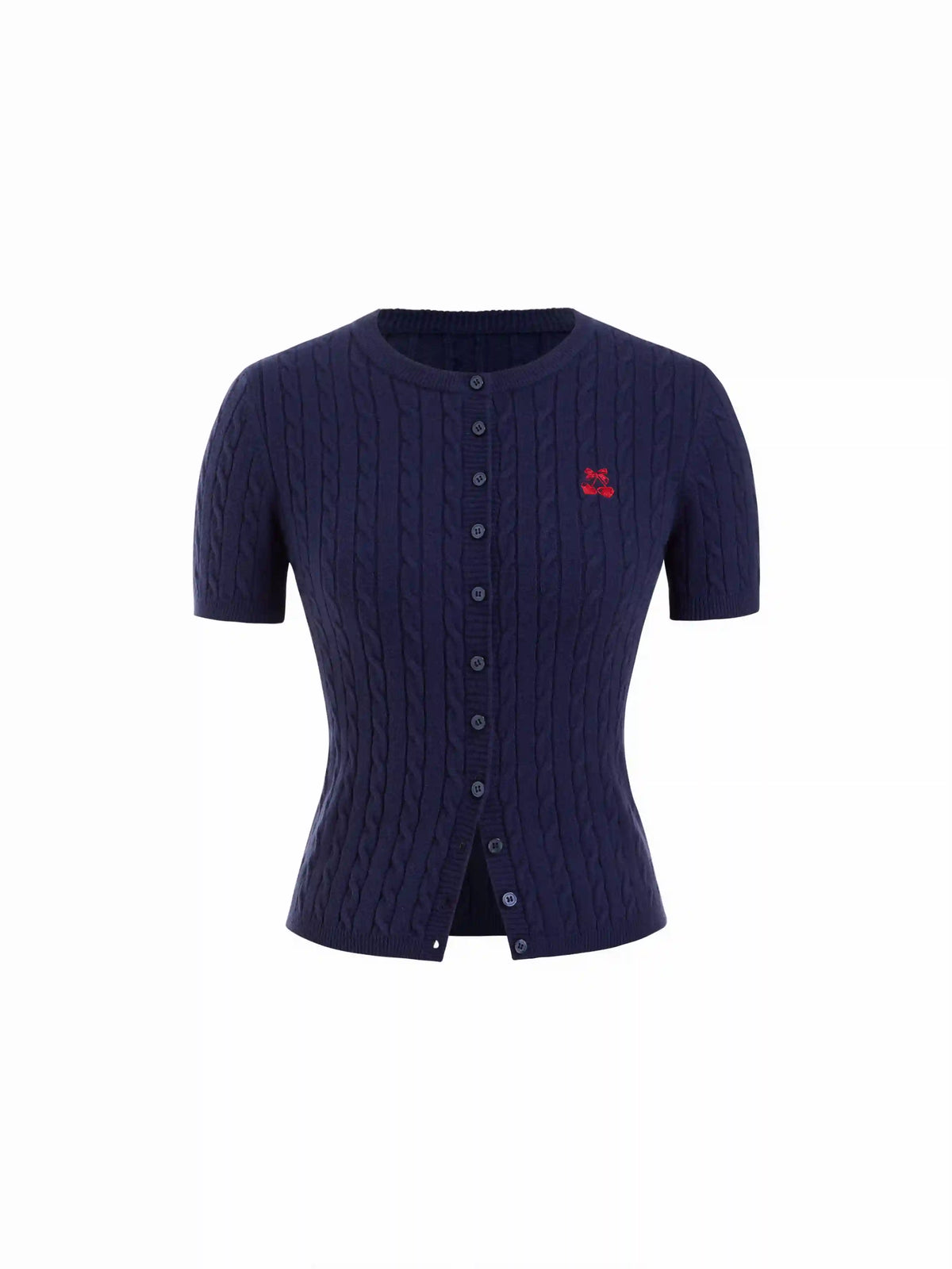 Cable Knit Wool-blend Round Neckline Cherry Embroidery Button Top