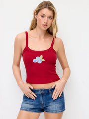 Cotton-blend Fruit Applique Square Neckline Slim Top