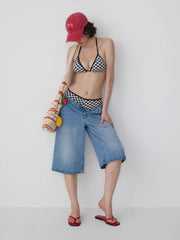 High Stretch Halter Neck Checks Triangle Top & Low Rise Contrasting Binding Shorts Bikini Set