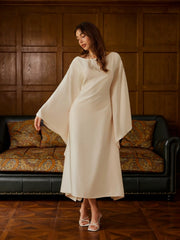 Satin Round Neckline Button Dolman Sleeve Maxi Dress