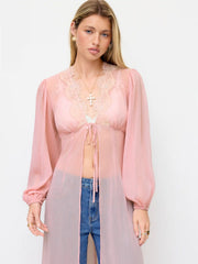 Chiffon V-neck Puff Sleeve Lace Panel Long Sleeve Blouse
