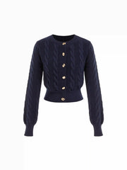 Cable Knit Round Neckline Metal Detail Cardigan
