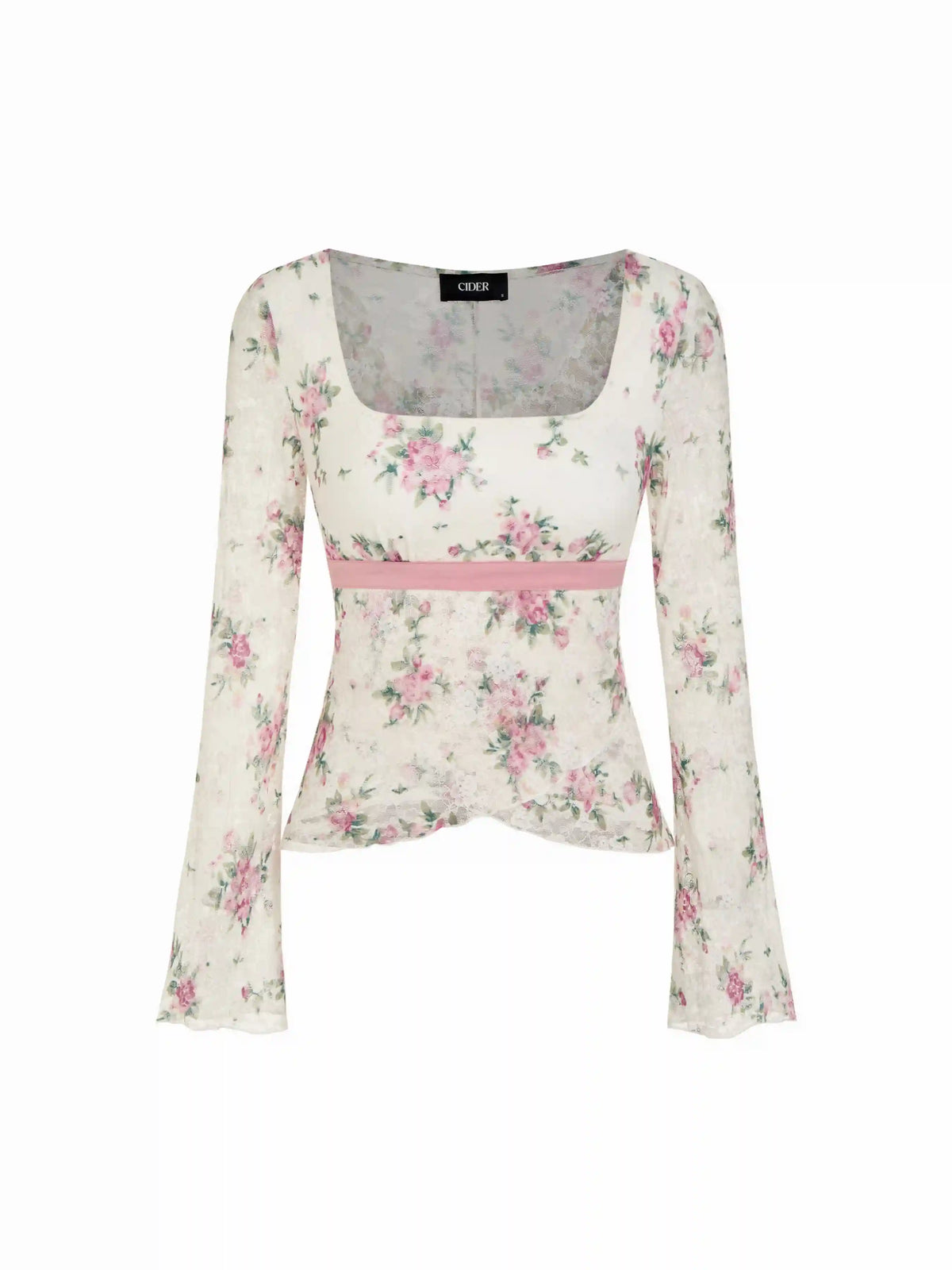 Lace Square Neck Floral Tie Back Bell Sleeve Top