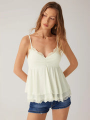 V-Neck Ruffled Ruched Lace Trim Cami Top