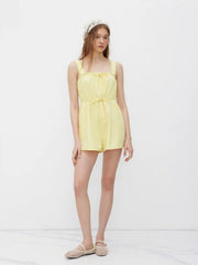 Linen-blend Square Neck Embroidery Trim Knotted Romper