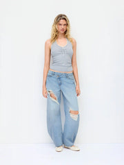Denim Low Rise Barrel-Leg Ripped Jeans
