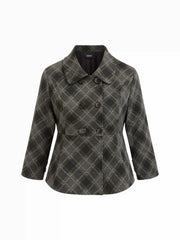 Jacquard Peter Pan Collar Plaid Double Breasted Mid-length Sleeve Jacket