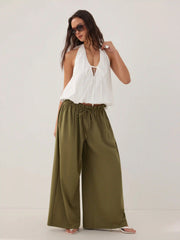 Low Rise Drawstring Elastic Waist Wide Leg Trousers