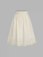 Cotton-blend Mid Rise Floral Lettuce Trim Midi Skirt