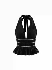 Velvet Halter Neck Rhinestone Ruffled Hem Tie Back Top