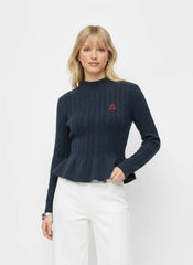 Cable Knit Stand Collar Cherry Embroidery Peplum Sweater