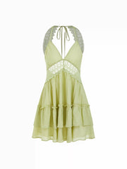 V-neck Halter Neckline Backless Guipure Lace Layered A-line Mini Dress