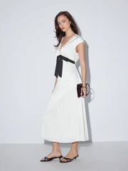 Satin V-neck Lace Trim A-line Maxi Dress