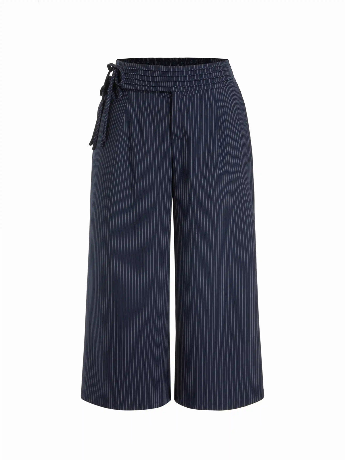 Mid Rise Striped Tie Side Ruched Wide Leg Trousers Curve & Plus