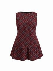 Wool-look Boat Neck Plaid Ruffle Hem Mini Dress Curve & Plus