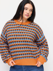 Knit Geometric Contrasting Binding Oversized Top Curve & Plus