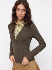 Cotton-blend Plaid Collar Long Sleeve Two Tone Top