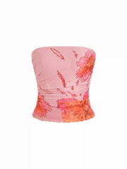 Floral Graphic Mesh Strapless Ruched Crop Top