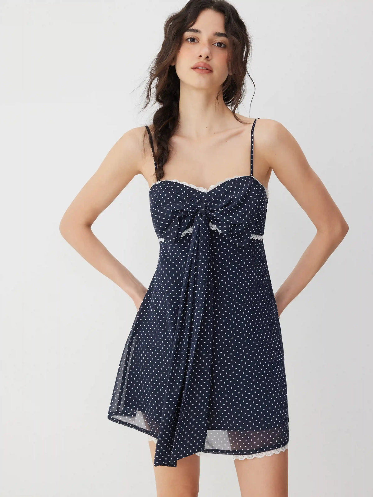 Chiffon Polka Dot Sweetheart Bowknot Lace Trim A-line Mini Dress